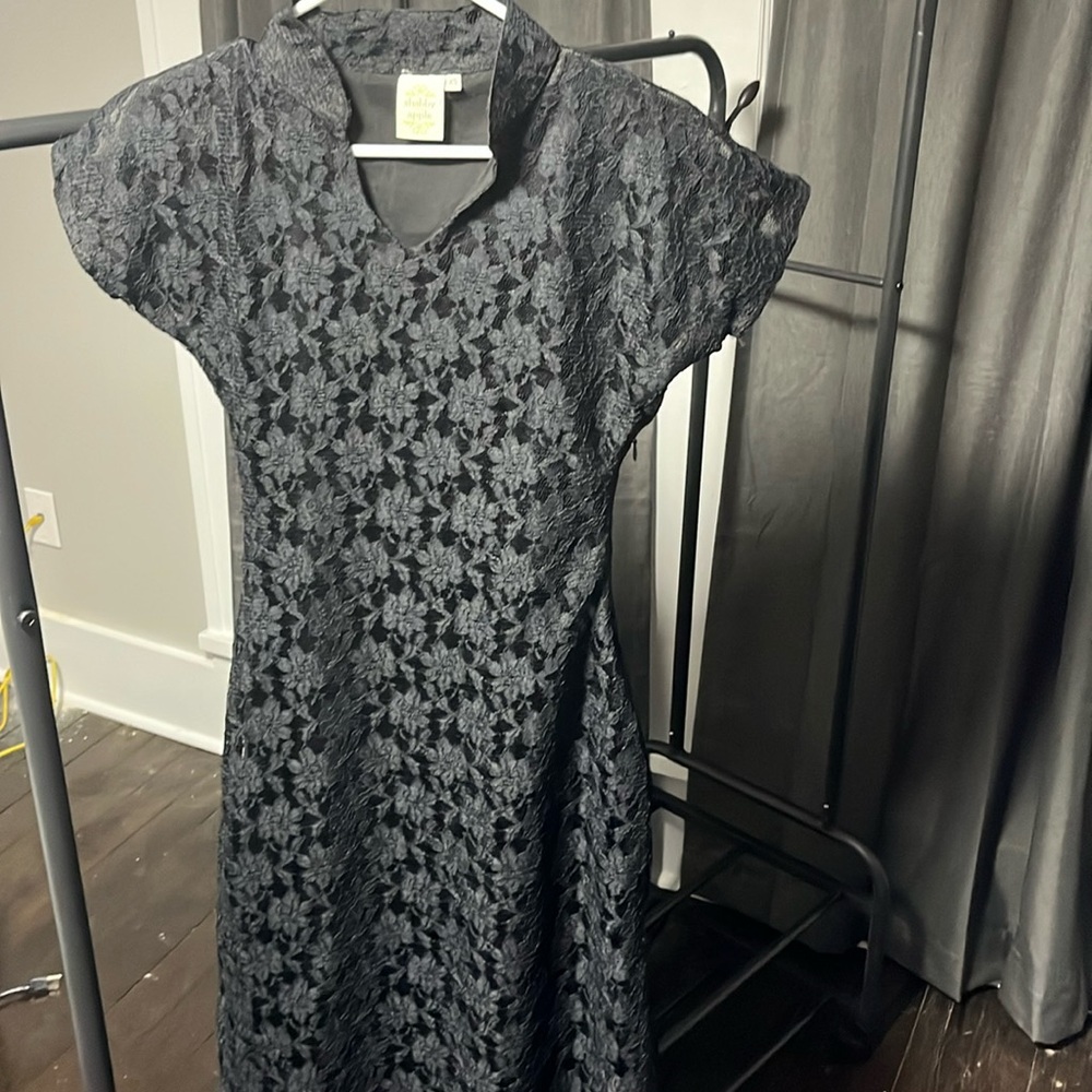 Shabby Apple short sleeve.  Black long dress with black satin sash.